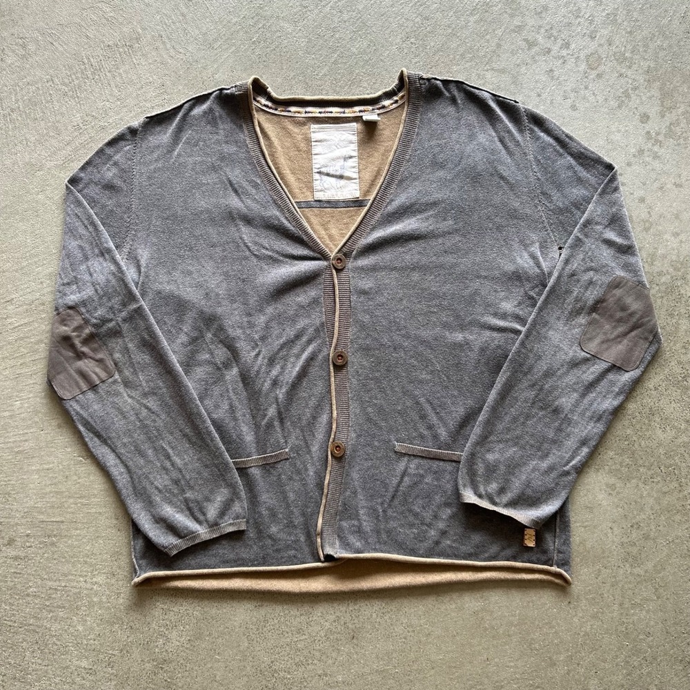 Peruvian Connection Cardigan Sweater Size XL Gray Cotton Knit Elbow Patch V Neck